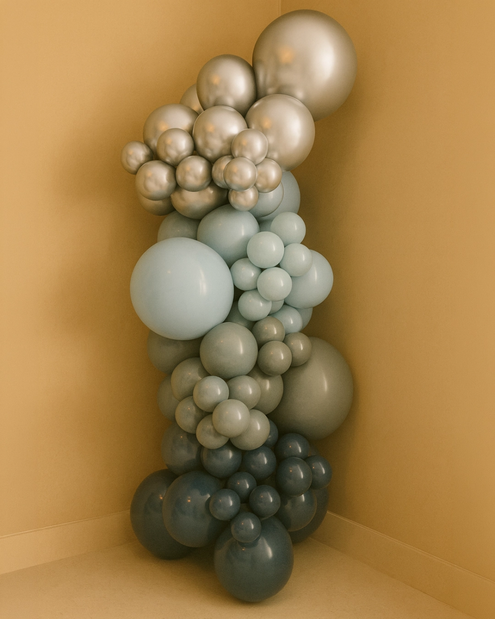 Blue Moonlight balloon garland kit in chrome silver, baby blue, fog and navy